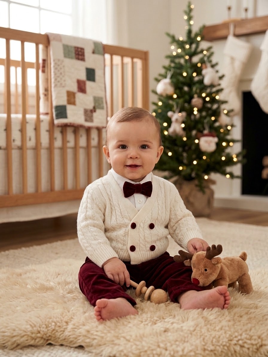 Baby wearing ivory cable-knit cardigan, burgundy bow tie and velvet trousers beside Christmas tree