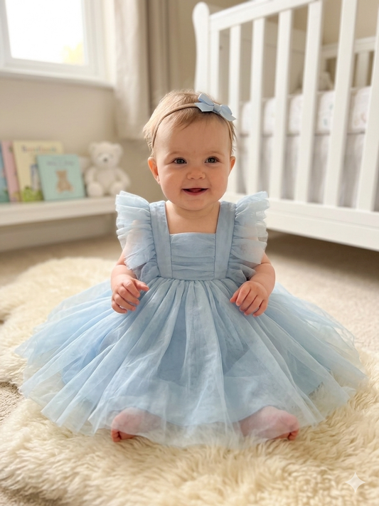Baby Blue Tulle Flutter Sleeve Dress