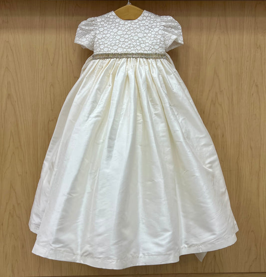Silk baptism Dress with lace and beaded waistline.