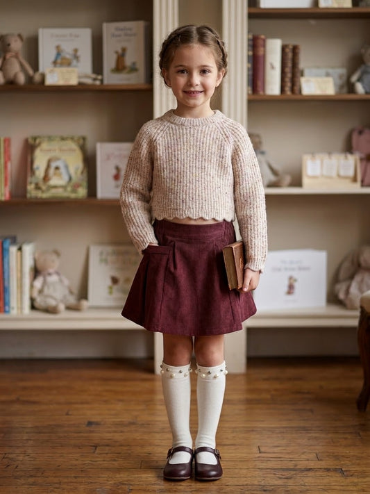 Girls' Speckled Knit Crop Sweater & Burgundy Pleated Skirt Set