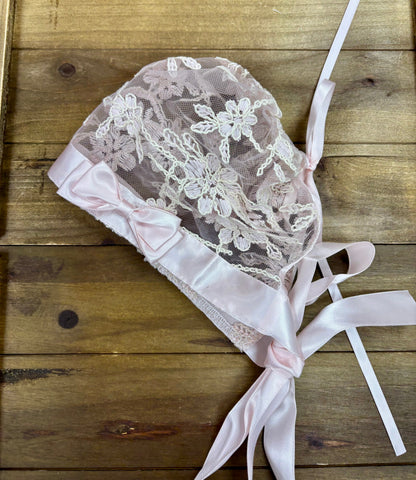 Pink Lace  Dress & Bonnet Set