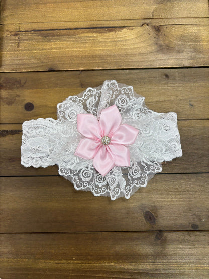 Pink Lace Baby Romper Set with Headband Angela