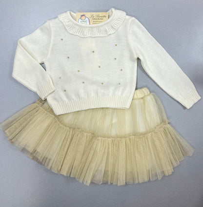 2pc Gold & Ivory knit & Tulle skirt set