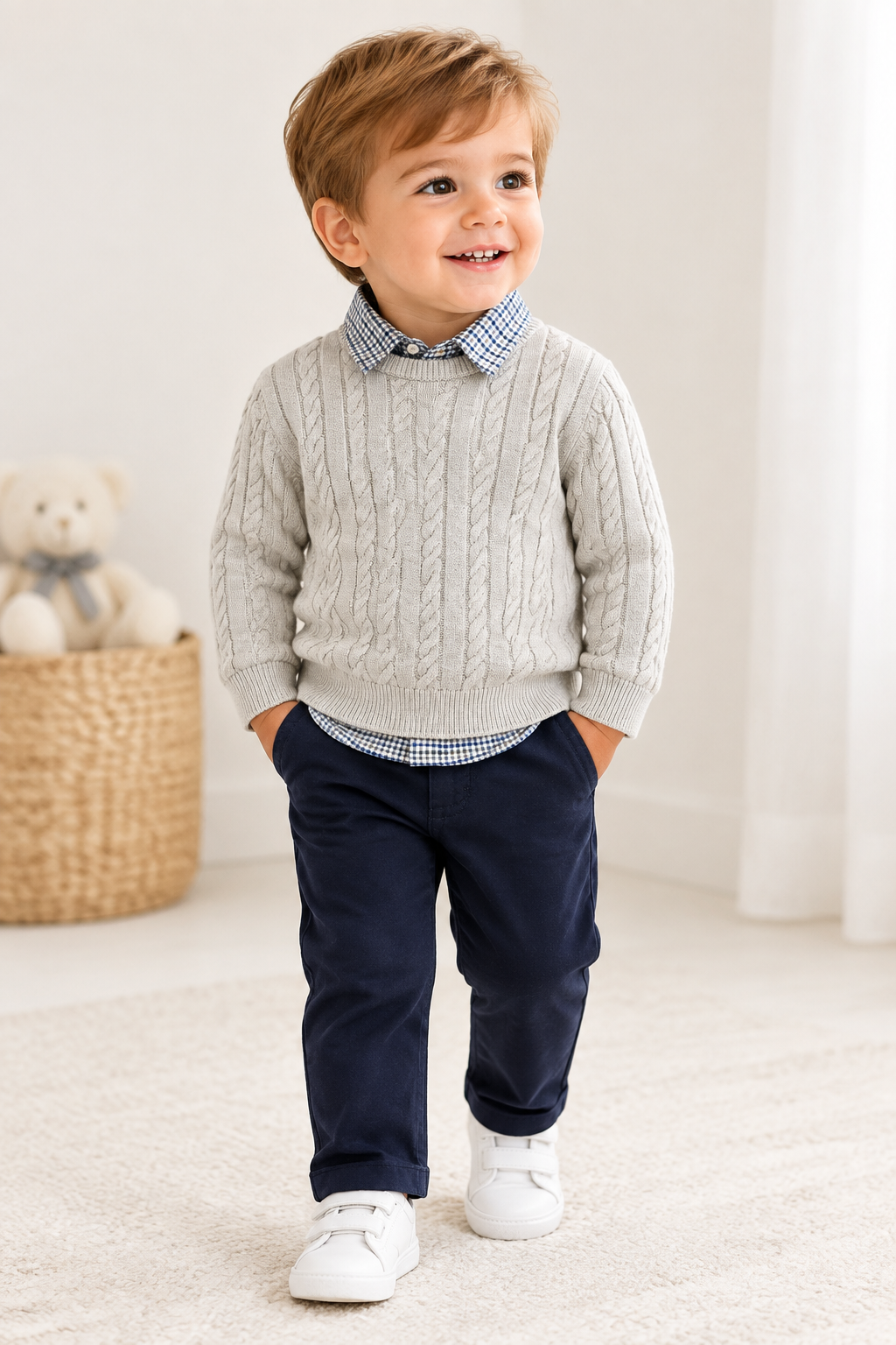 Boys' 3-Piece Cable-Knit Sweater, Gingham Shirt & Navy Pants Set