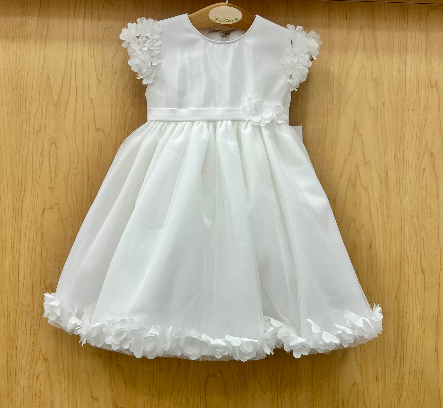 Diamond white Dress with petal trimmed sleeves and hem