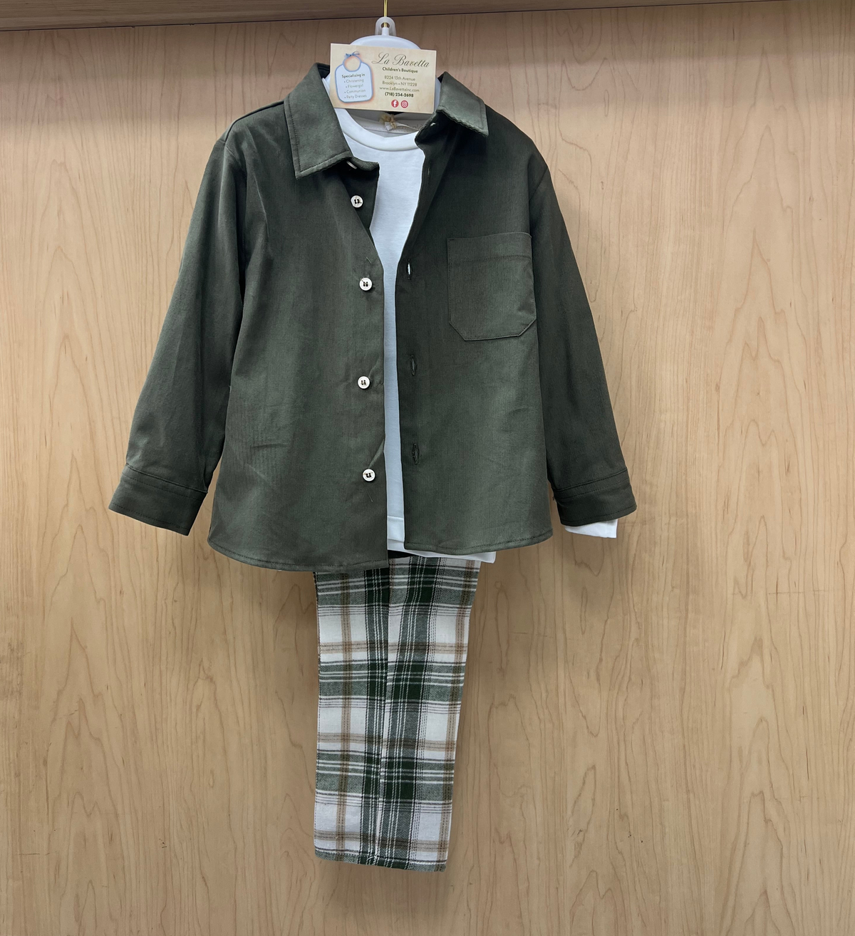 Boys’ Olive Green & Plaid Three-Piece Outfit