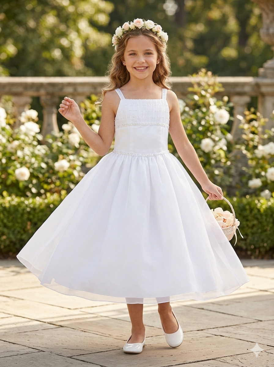 White Satin/Organza Communion Flower Girl Dress with Bow