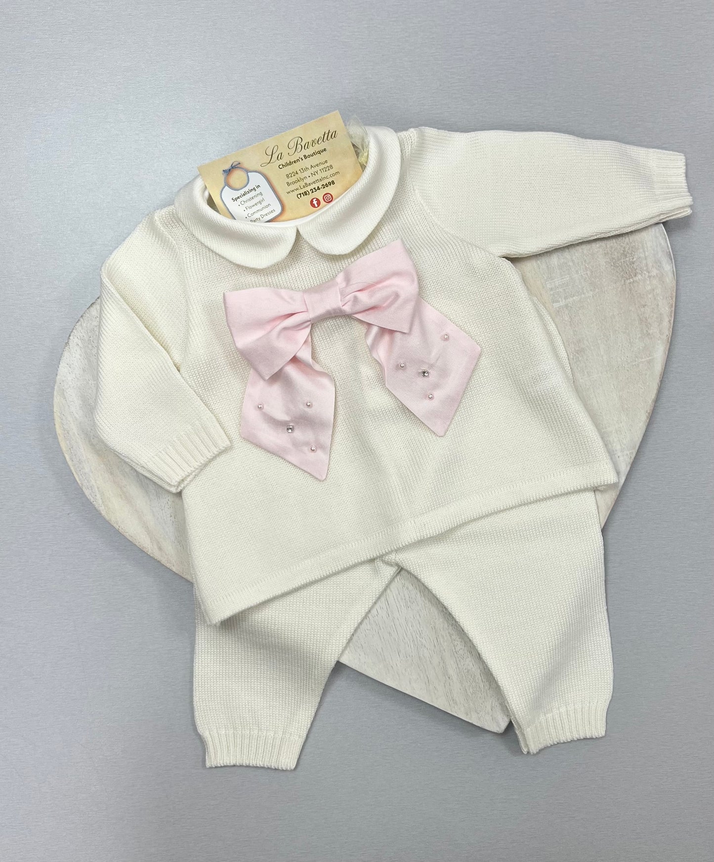 Ivory Knit 2pc pants set with Pink Bow Made In Italy