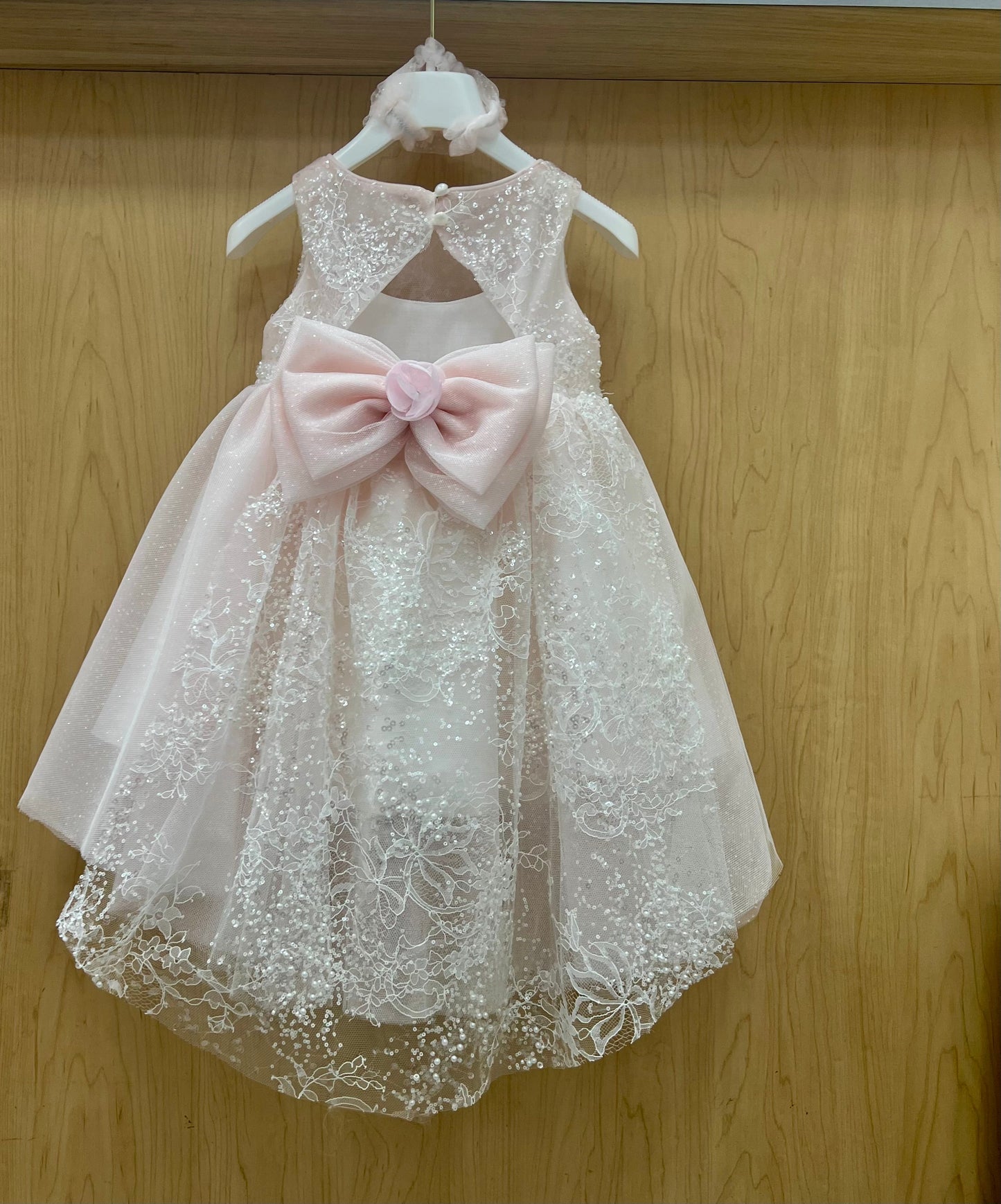 Pink Pearl Lace Baby Dress with Bow & Headband