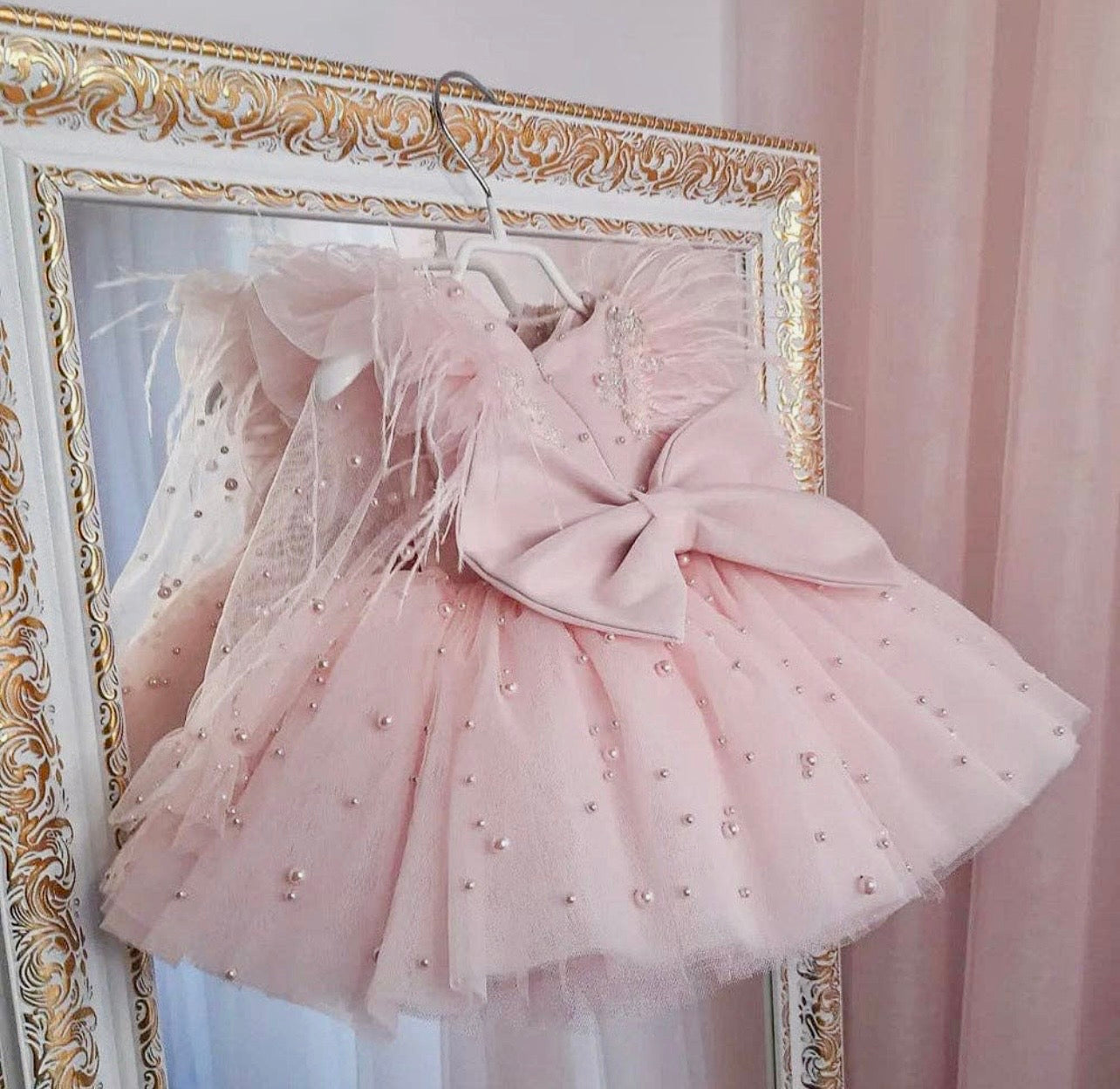 Pink Pearl & Feather Tulle Dress