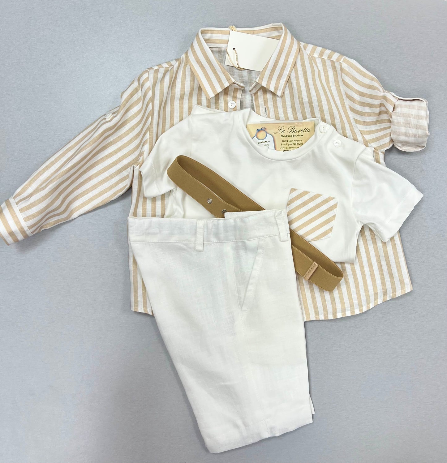 Boys Coastal Linen Outfit Set - Beige & White