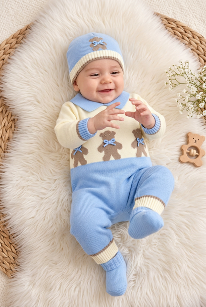 Baby Blue & Cream Teddy Bear Knit Romper Takem Me Home Set -Made in Italy