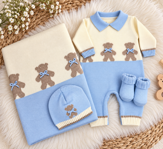 Baby Blue & Cream Teddy Bear Knit Romper Takem Me Home Set -Made in Italy
