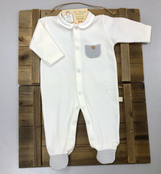 Ivory Velour Onsie Romper with grey pocket & footie