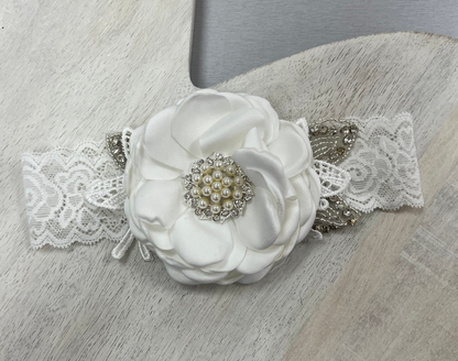 White Satin Flower Headband with Pearl & Rhinestone Center