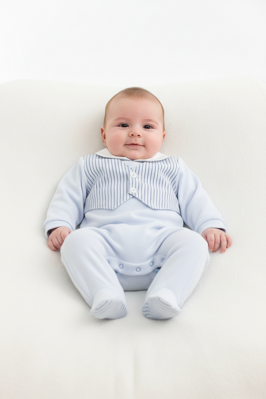 Baby blue velour onesie romper with striped vest