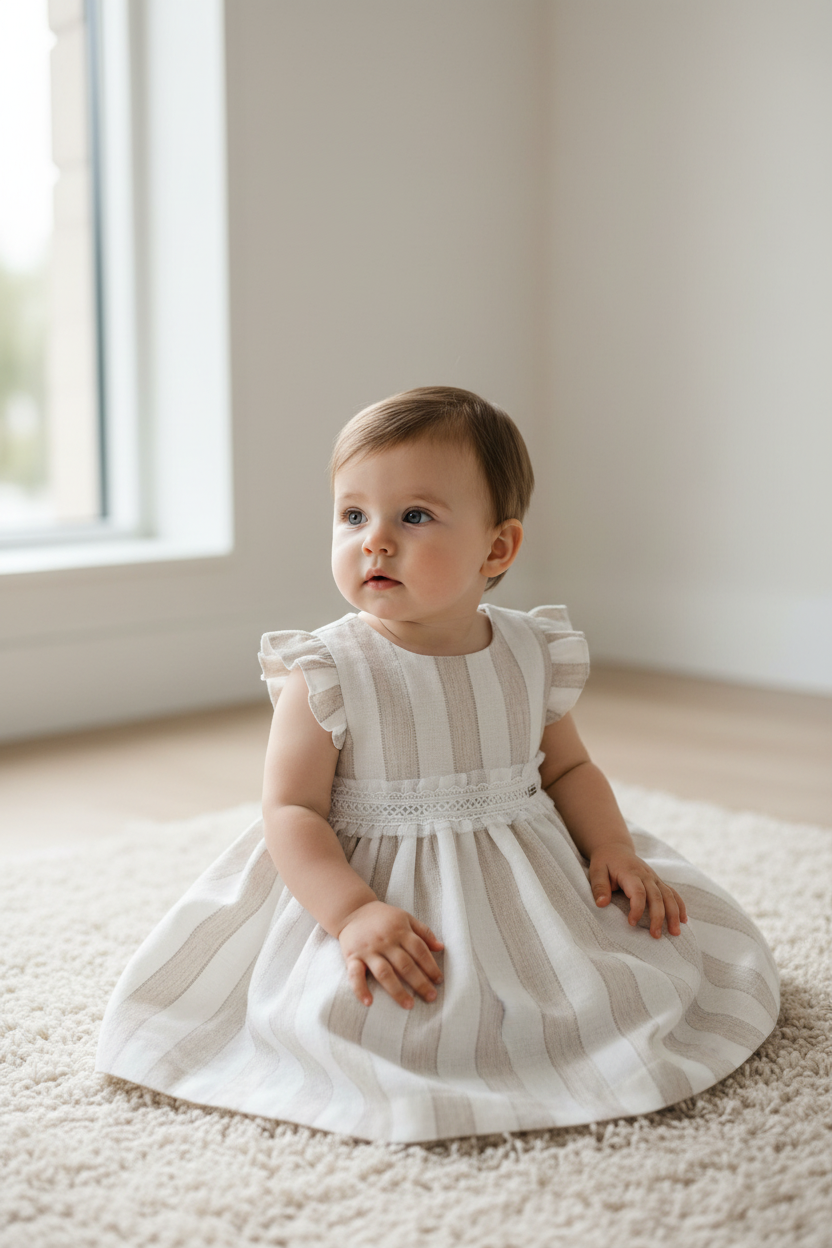 Hazelnut striped Baby Girls dress with Sash