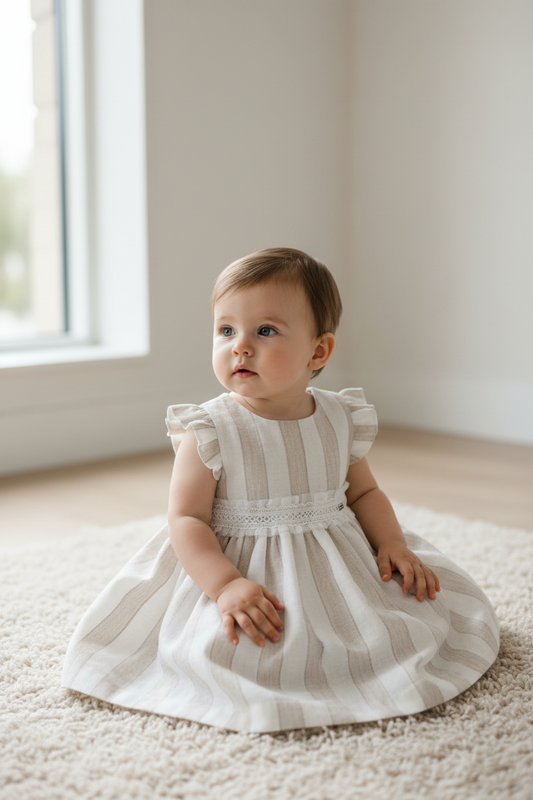 Hazelnut striped Baby Girls dress with Sash