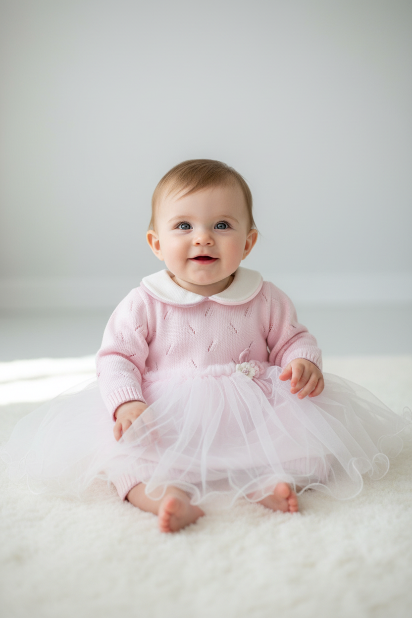 Adorable Pink Knit and tulle romper/Dress Made In Italy