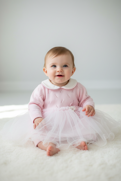 Adorable Pink Knit and tulle romper/Dress Made In Italy