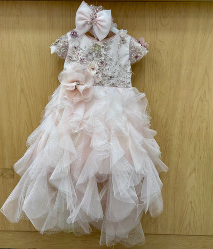 Pink Floral Embellished Hi-Low Tulle Dress