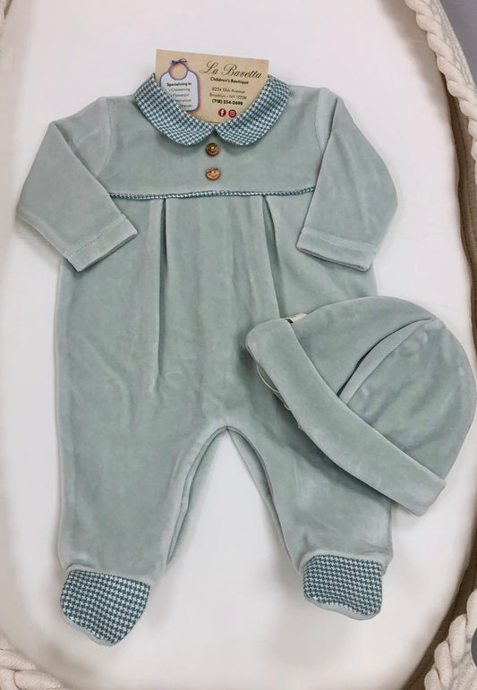 Sage Green velour Romper With Hat