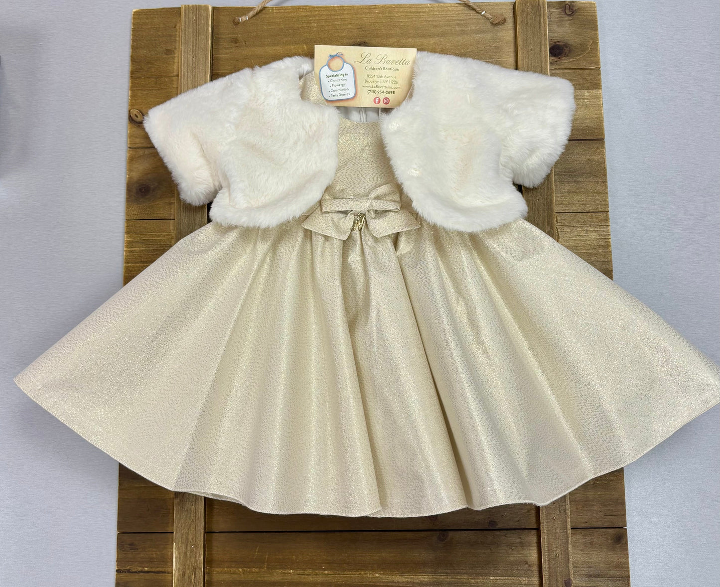 Ivory/ Gold Brocade Dress with Faux Fur Bolero Made In Italy