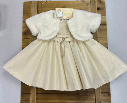 Ivory/ Gold Brocade Dress with Faux Fur Bolero Made In Italy