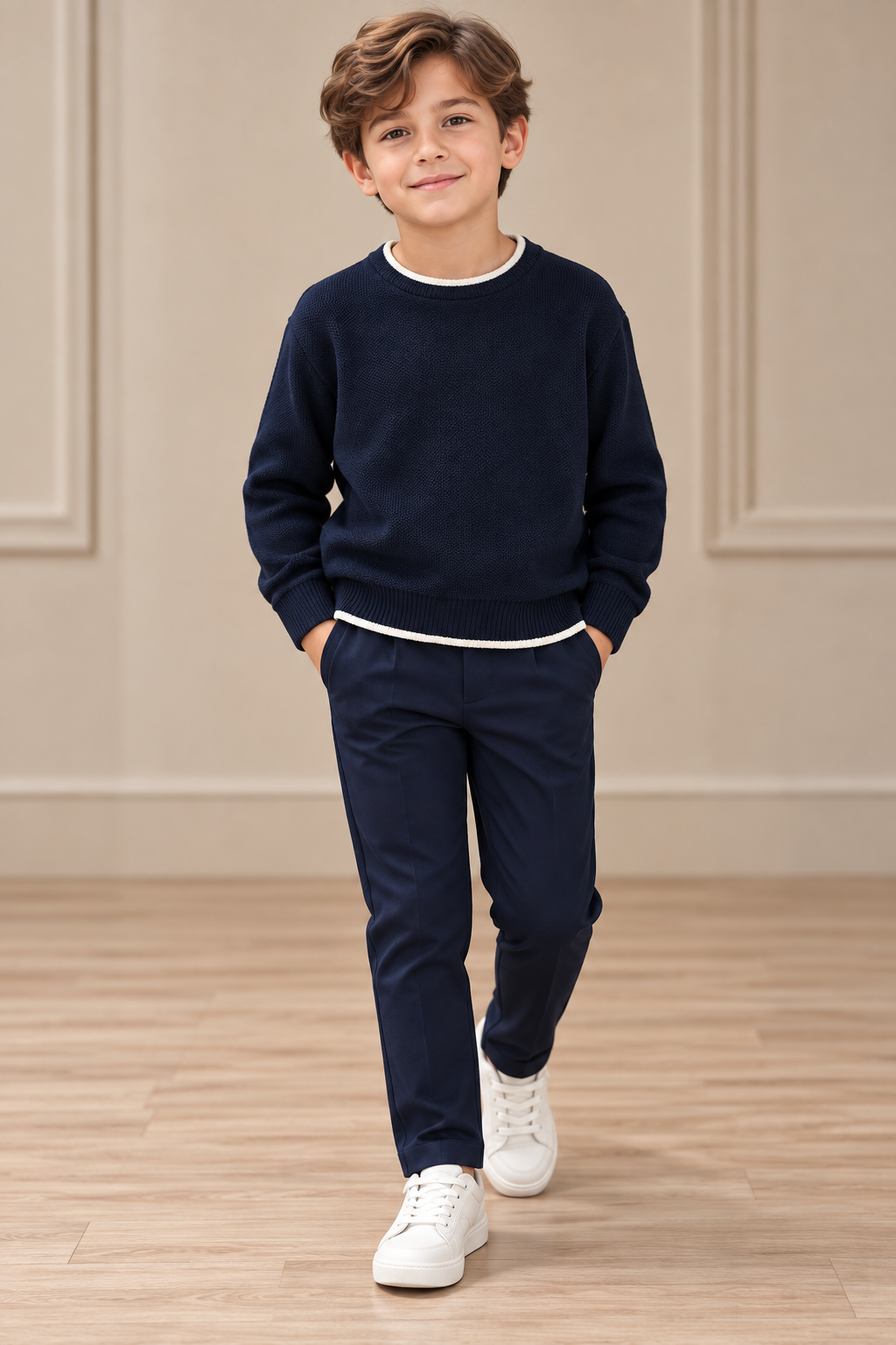 Boy wearing a navy long-sleeve top with white neckline and hem trim and matching navy pants