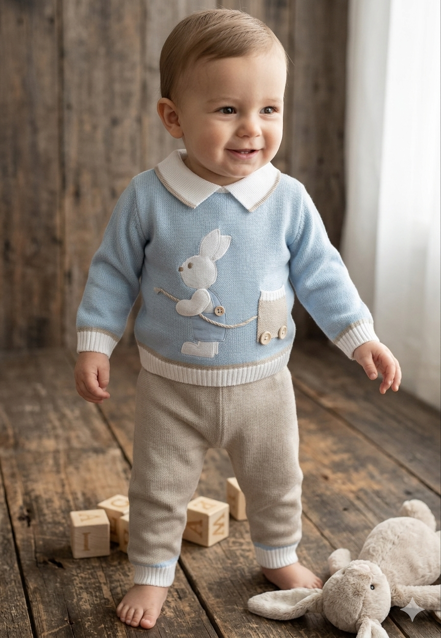 Baby Boy Bunny Knit Set – Blue Sweater & Beige Pants