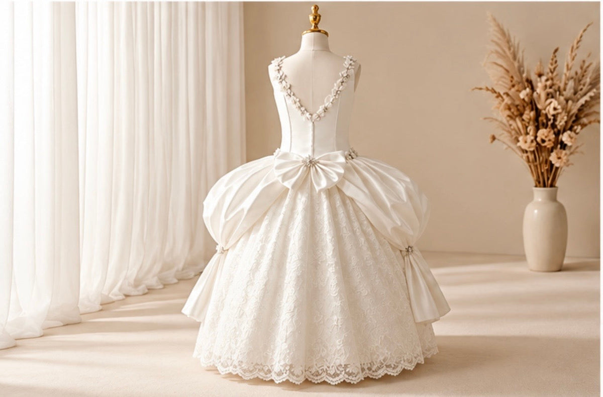 Sabrina - Girls’ Silk Floral-Trim Lace communion Gown with Draped Skirt