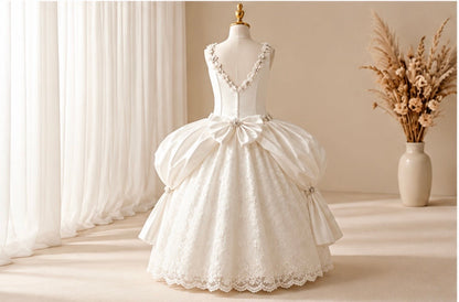 Sabrina - Girls’ Silk Floral-Trim Lace communion Gown with Draped Skirt