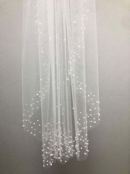 White communion veil with scattered pearl edge