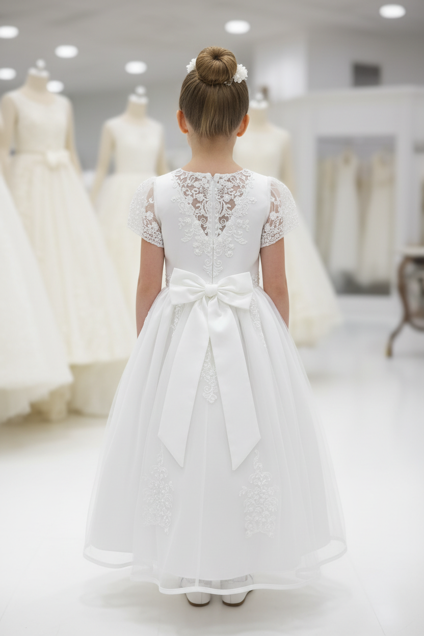 White Lace First Communion Dress with Short Sleeves & Embroidered Bodice