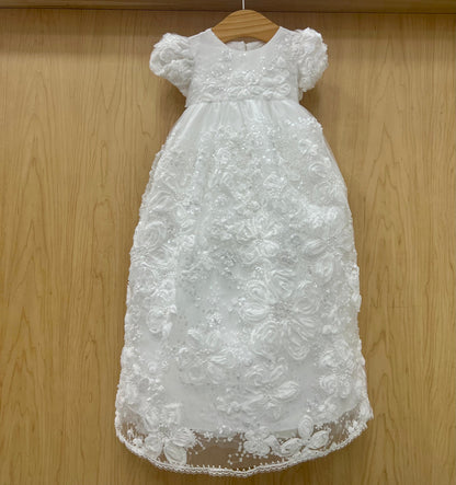 Girls' Christening Gown Set with 3D Floral Appliqués, Sequins & Matching Bonnet