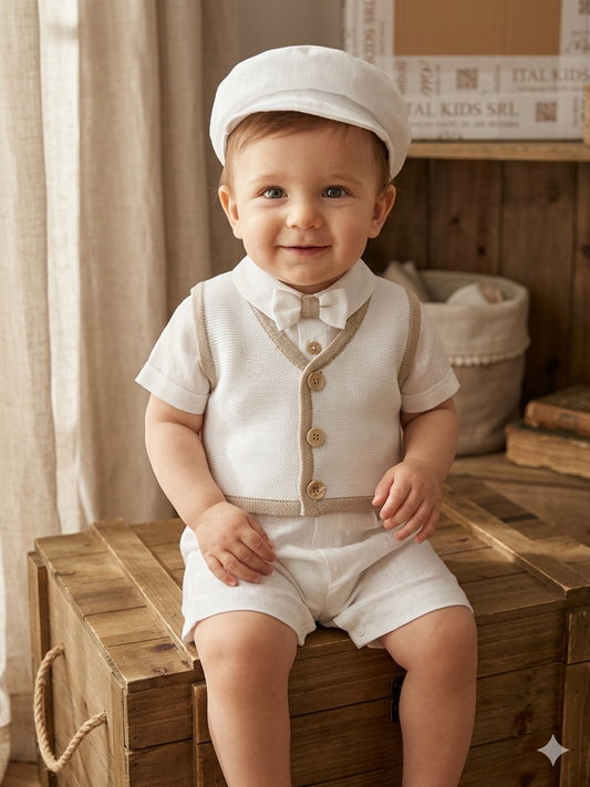 Baby Boy Christening 4-Piece Linen Set with Newsboy Cap