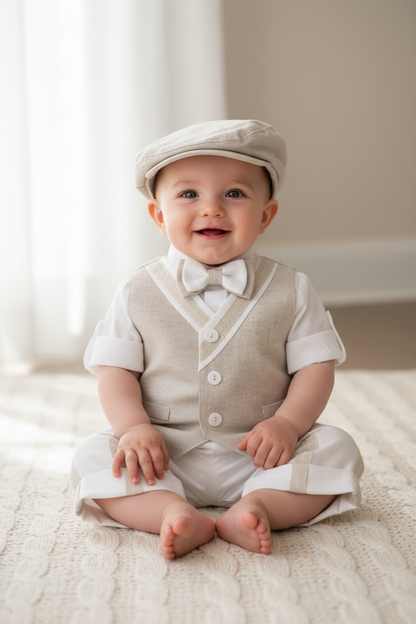 Bimbalo Boys 4 Piece Beige Linen Shorts and Vest Outfit  Made In Italy