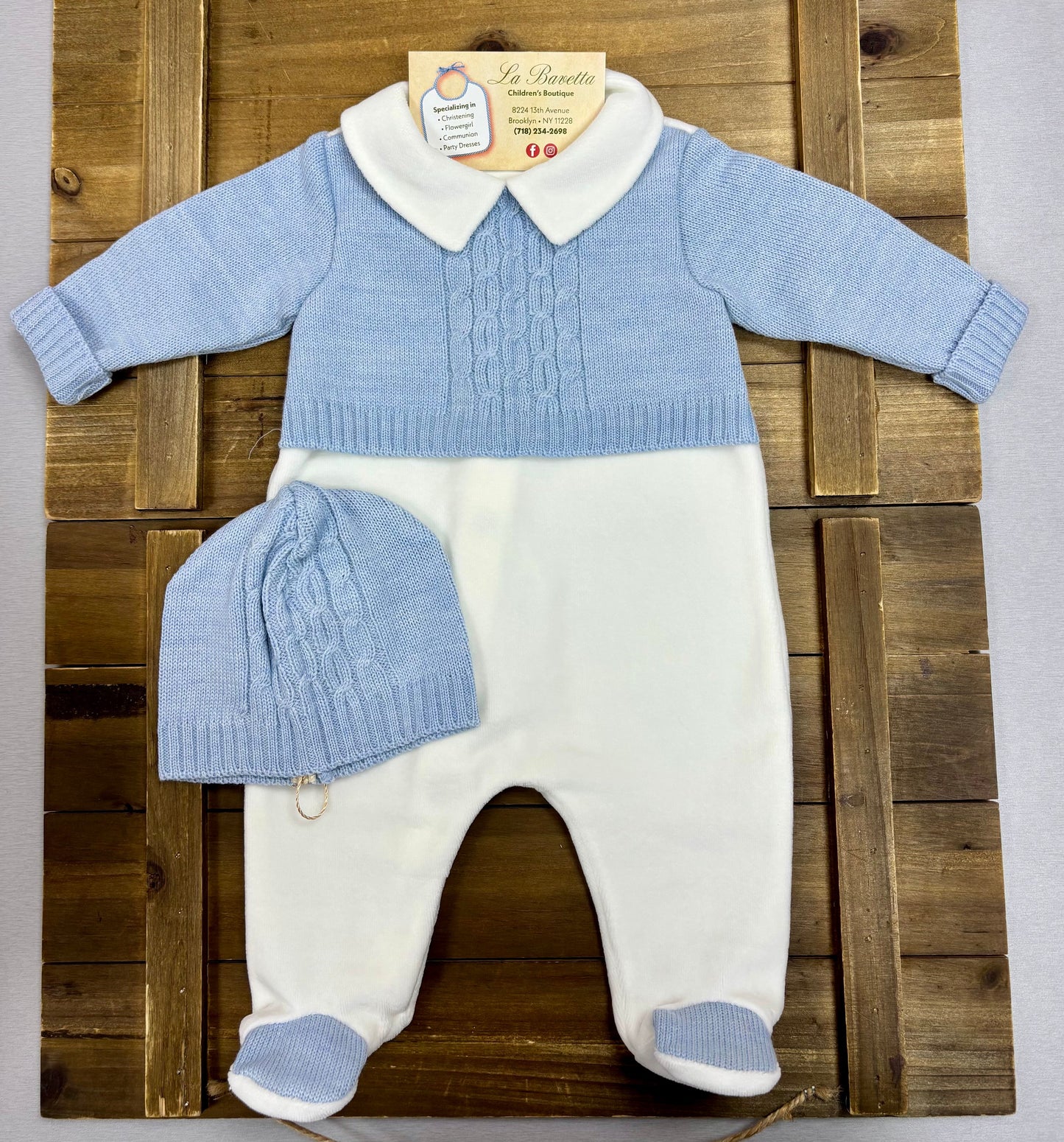 Baby Boy Cable Knit Layette Set with Blanket Made In Italy