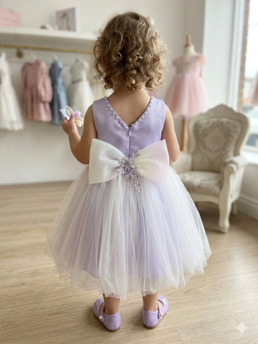 Lavender Tulle Flower Girl Dress with Pearl Neckline & Bow
