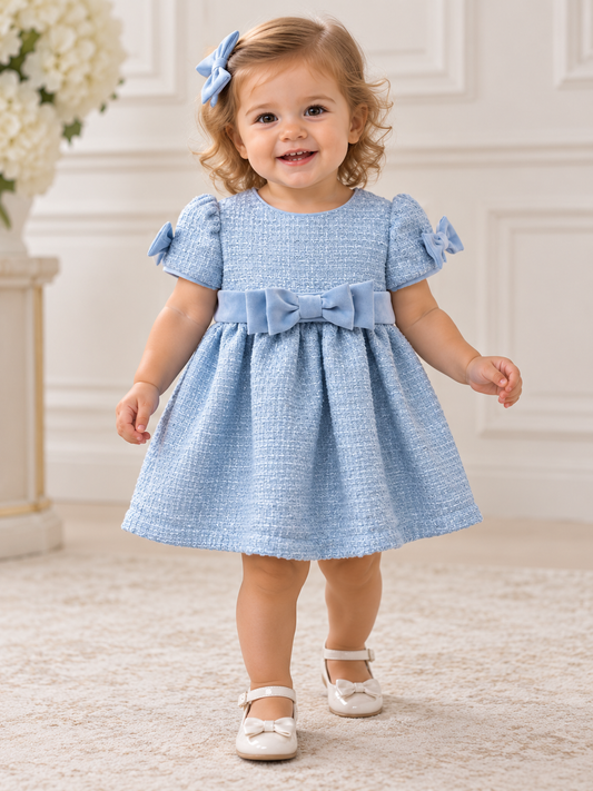 Girls’ Powder Blue Textured Bow Dress