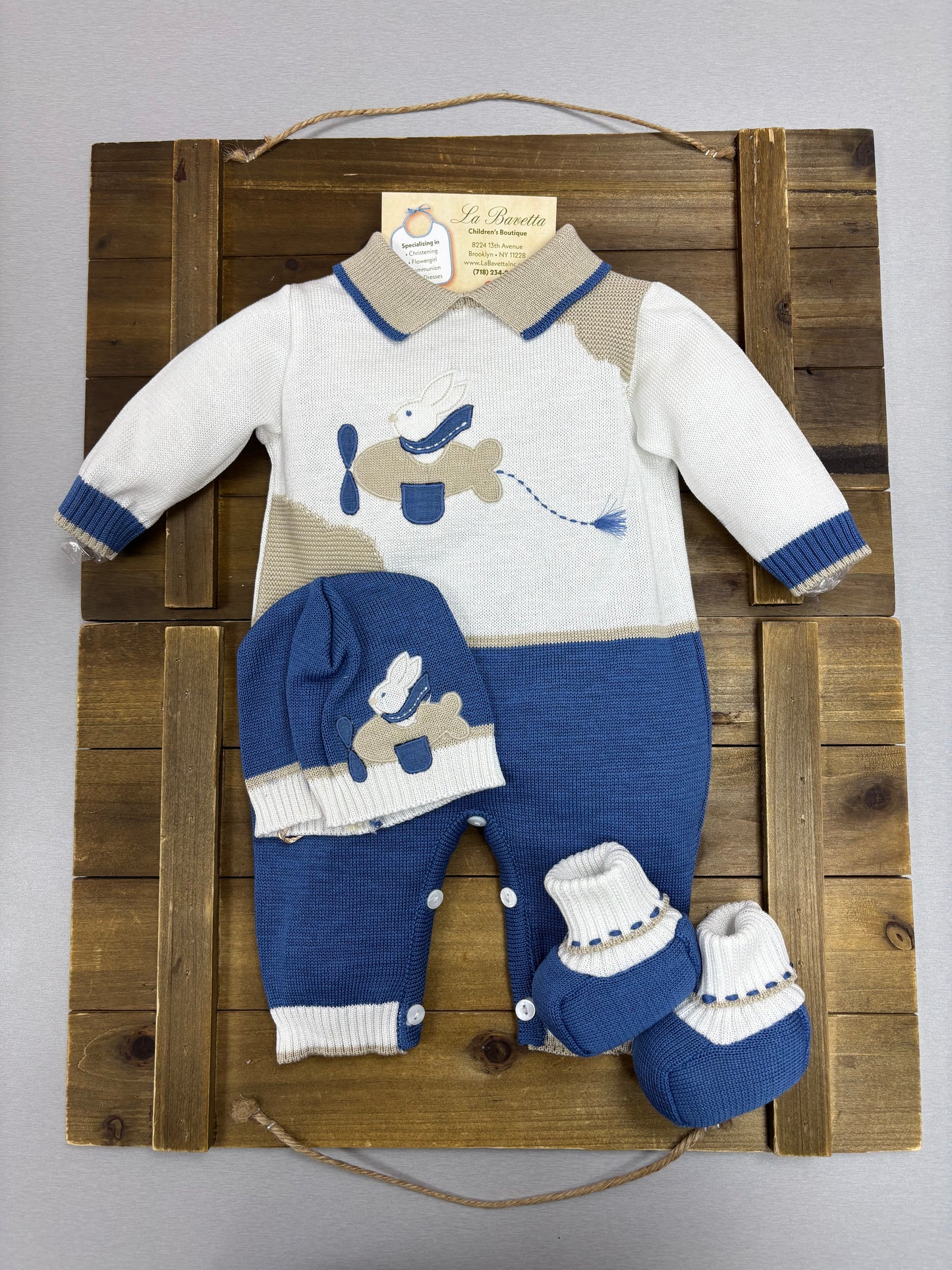 Baby Boy Knit 3-Piece Take-Me-Home Set — Navy, White & Taupe Made In Italy