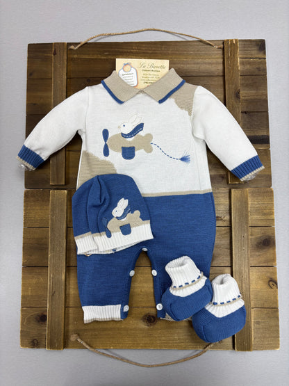 Baby Boy Knit 3-Piece Take-Me-Home Set — Navy, White & Taupe Made In Italy
