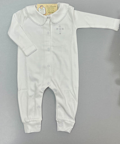 White Christening Romper with Scalloped Collar