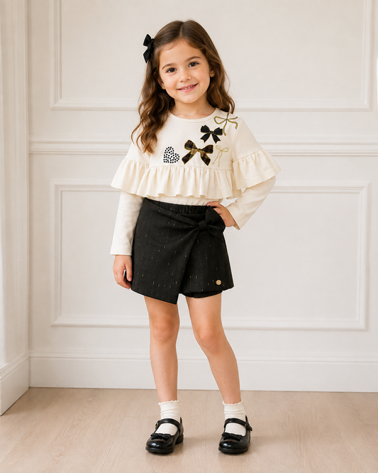 Girls' Bow & Heart Ruffle Top + Sparkle Skort Set Made In Italy