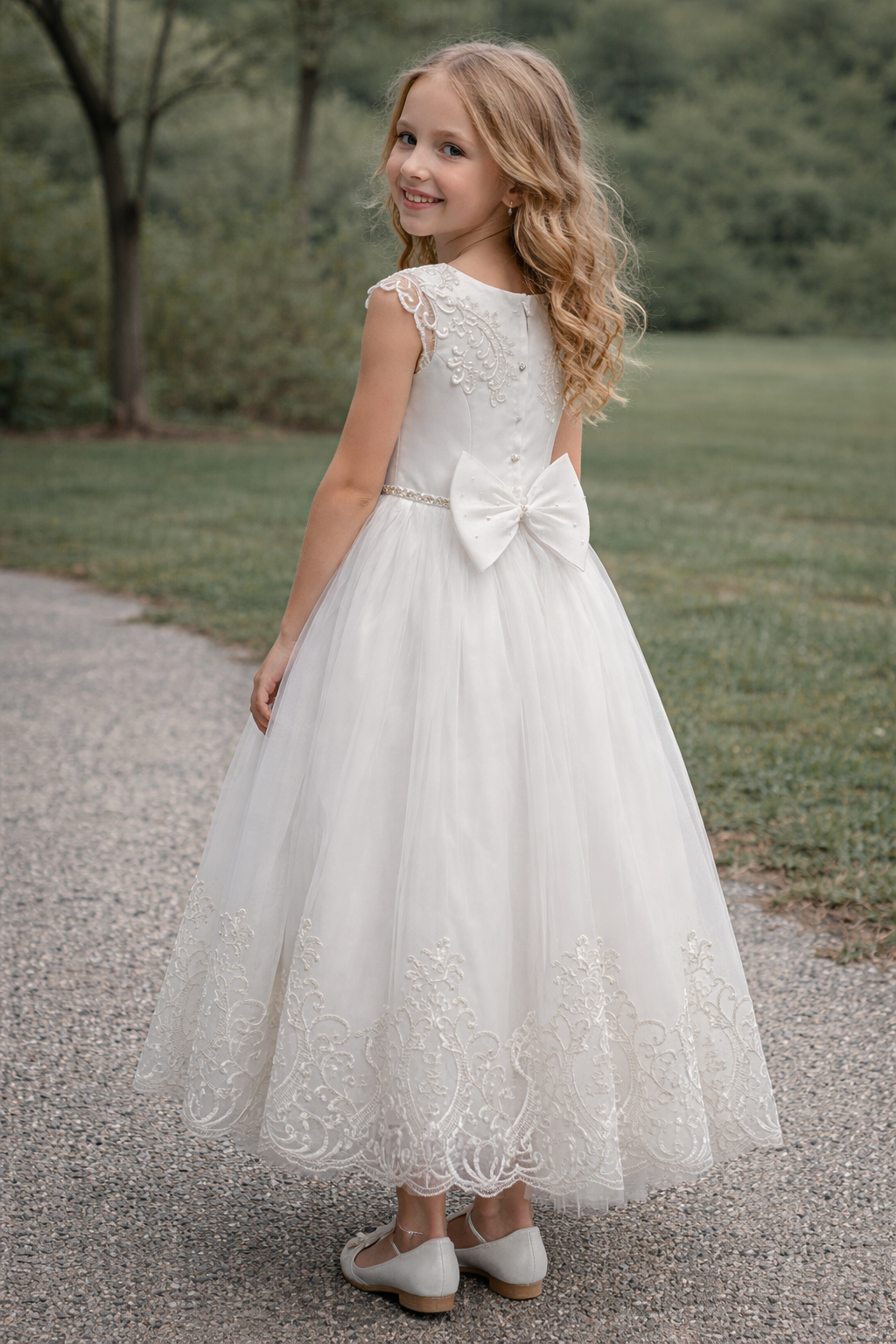 White Lace & Tulle Flower Girl Dress with Crystal Belt