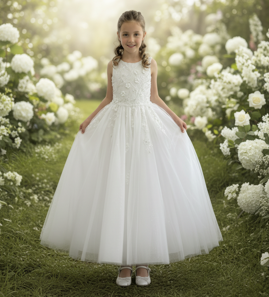 Diamond White
Sleeveless beaded top with
3D flowers, tulle skirt