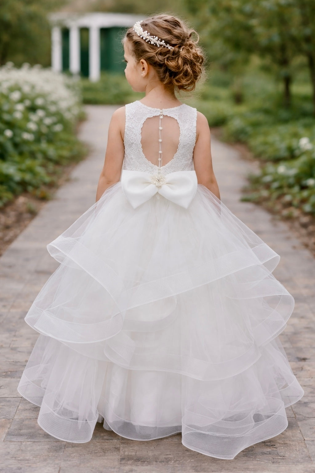 Diamond white Garden – Tiered Tulle Ball Gown with Floral Lace Bodice