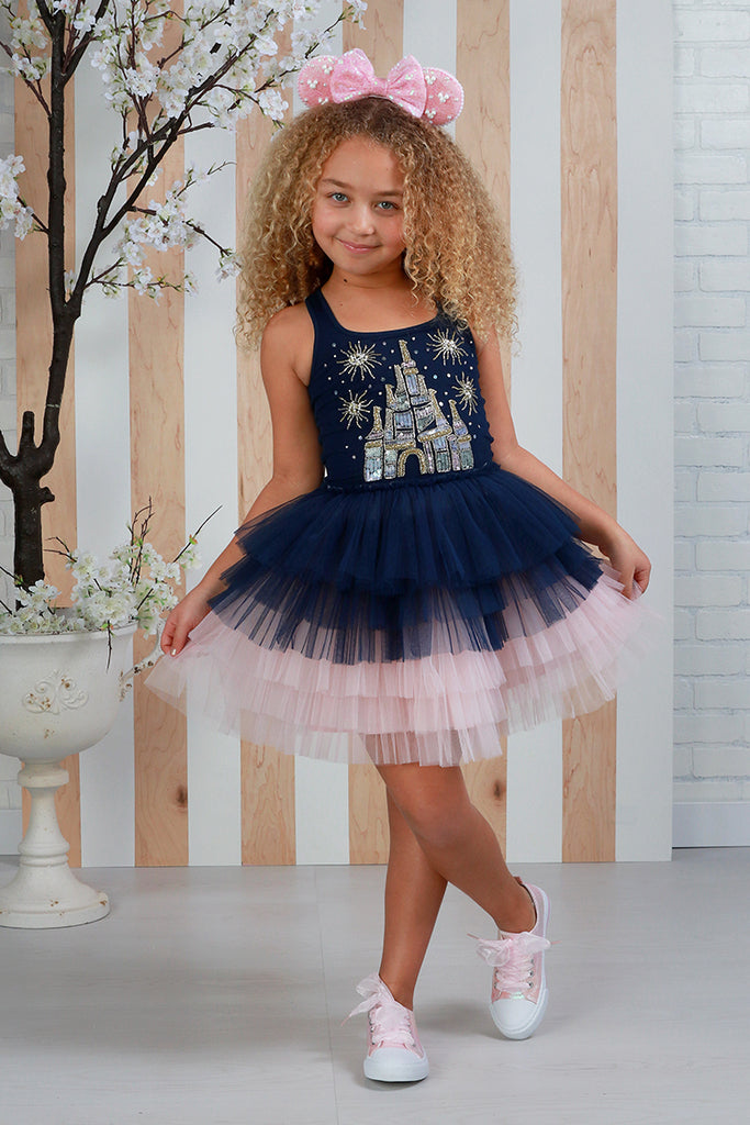 Girls Navy wishes Castle Sequin Tulle Dress