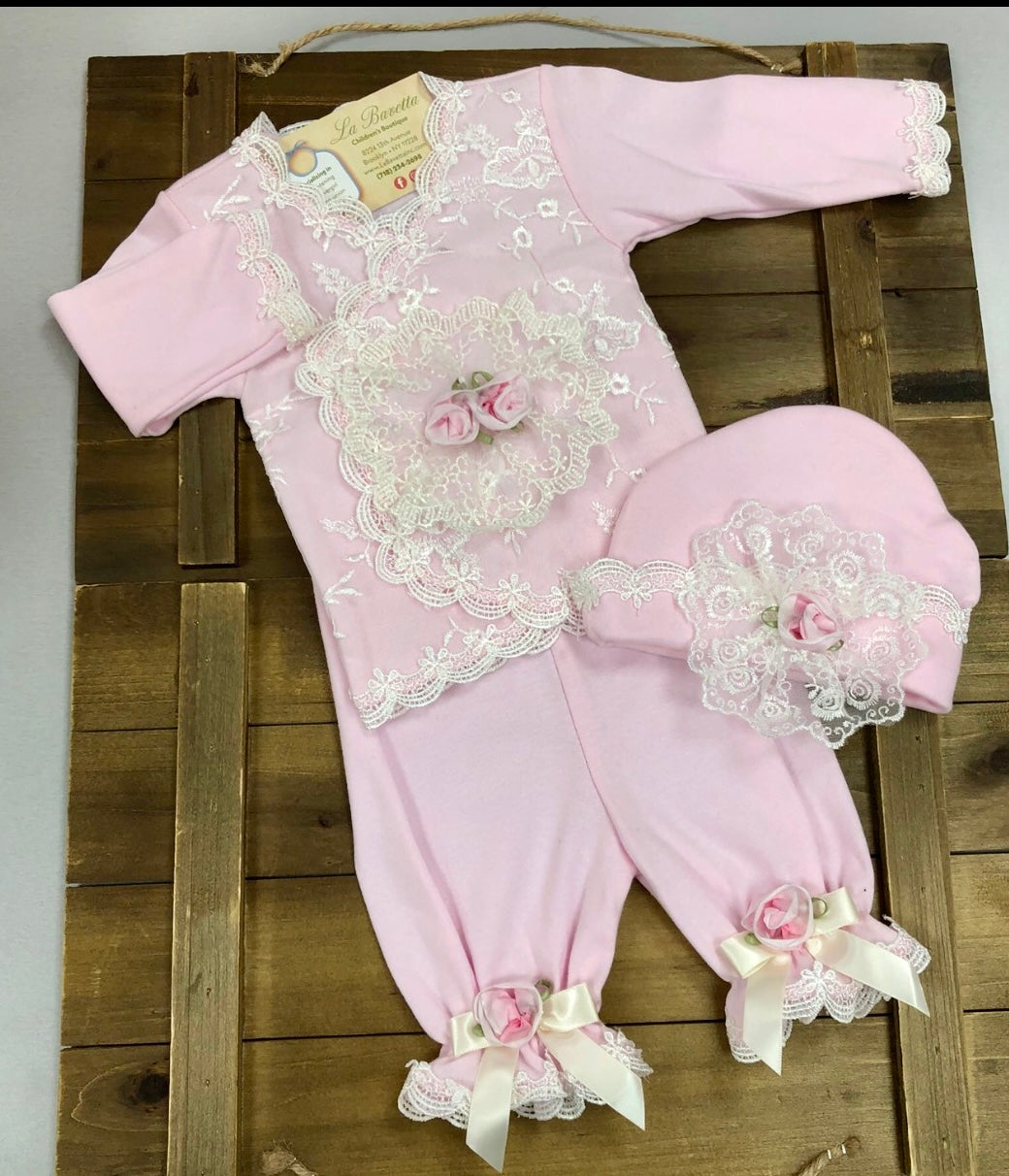 Rose 3pc cotton pants set with lace and roses