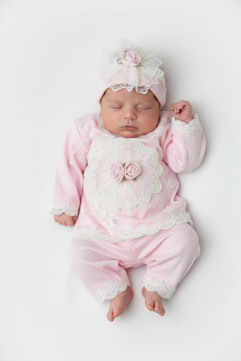 Rose 3pc cotton pants set with lace and roses